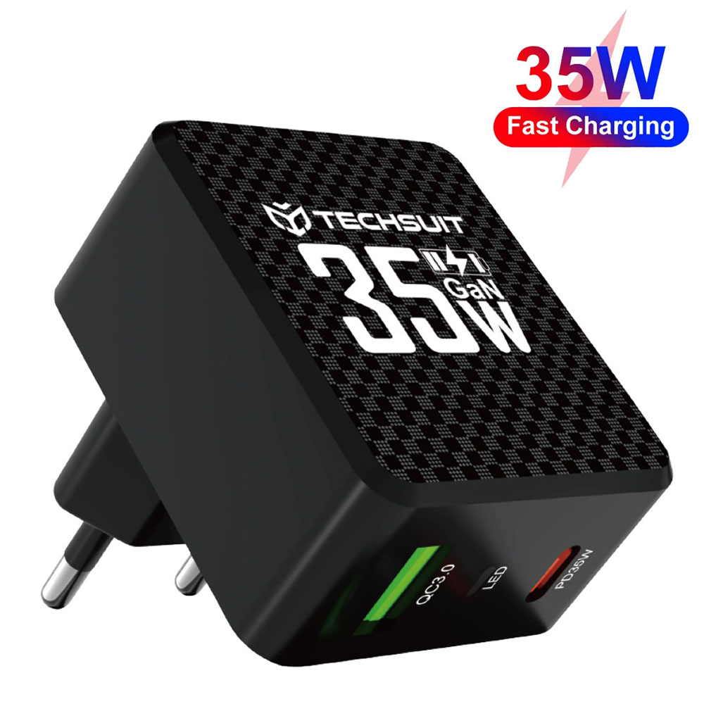 Techsuit Wall Charger – GaN, USB, Type-C, Fast Charging, PD35W – Black