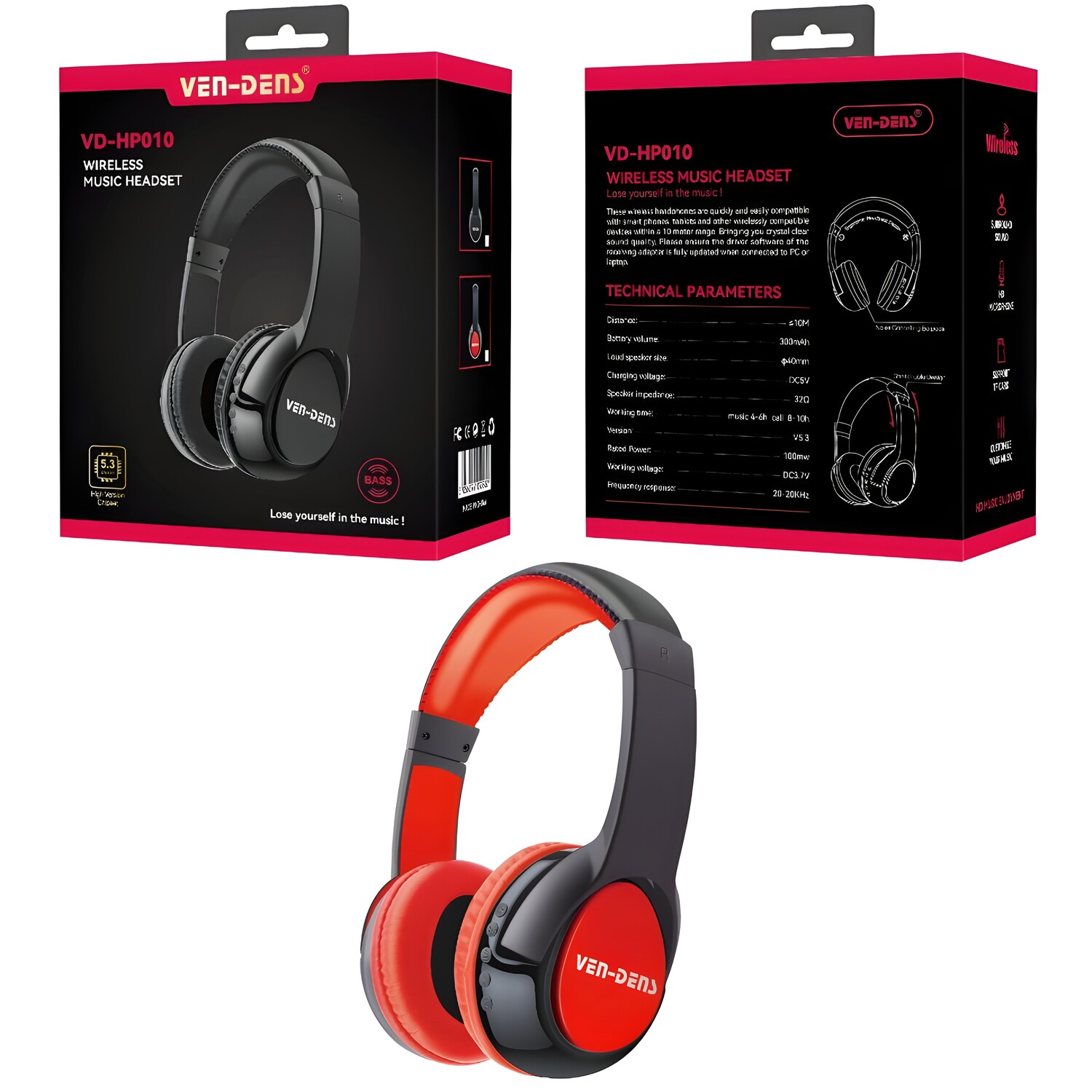 Ven-Dens Wireless Headphones / Music Headset - Red / Black