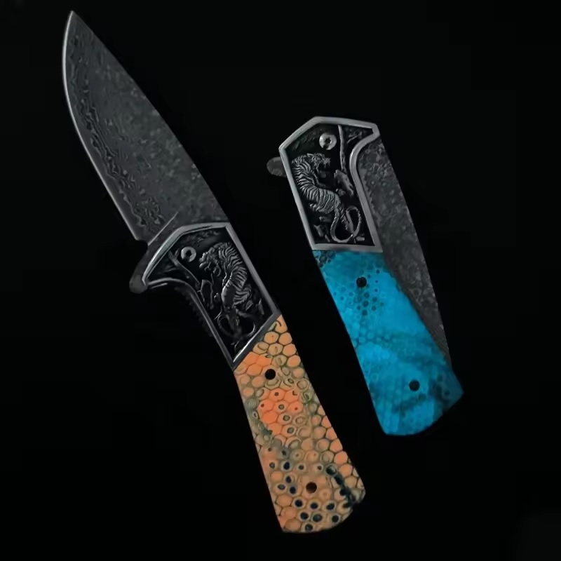 Damascus outdoor folding knife CO-42105 DA3244 - Blue / 2nd Quality