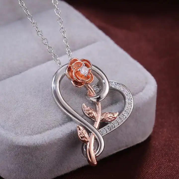 Heart Rose Necklace - Silver / Rose Gold
