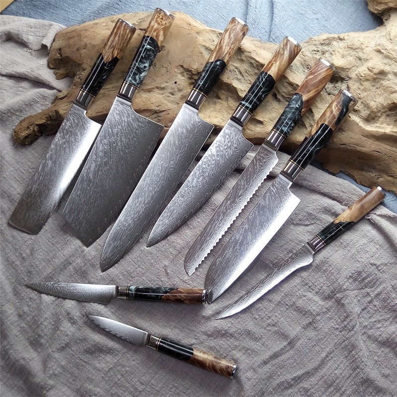 JA-13841 Set of damascus kitchen knives - 9 pcs/Brown