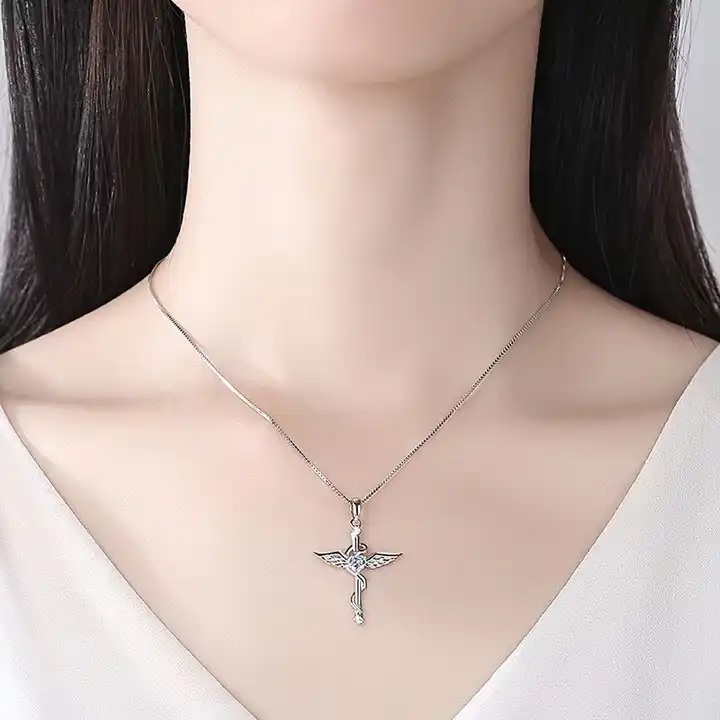 Wing Cross Necklace - Silver / Blue