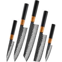 Set of Damascus kitchen knives WO-39272 - 5 pcs / Dark Brown