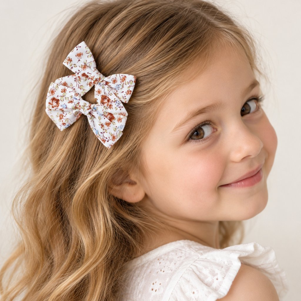 Hair Clips Bows - White / Flowers