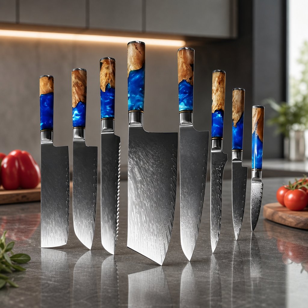 Set of Damascus kitchen knives - 8 pcs/Blue