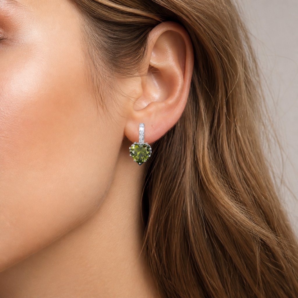 Silver Heart Earrings - Light Green
