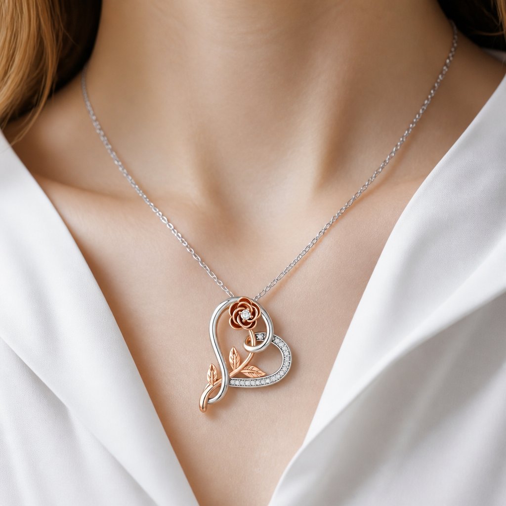Heart Rose Necklace - Silver / Rose Gold