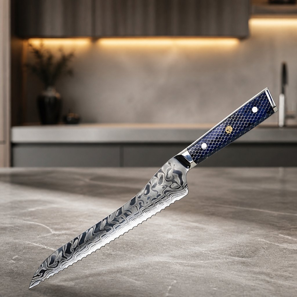 YU-37415-Damascus Kitchen Knife - Bread / Blue