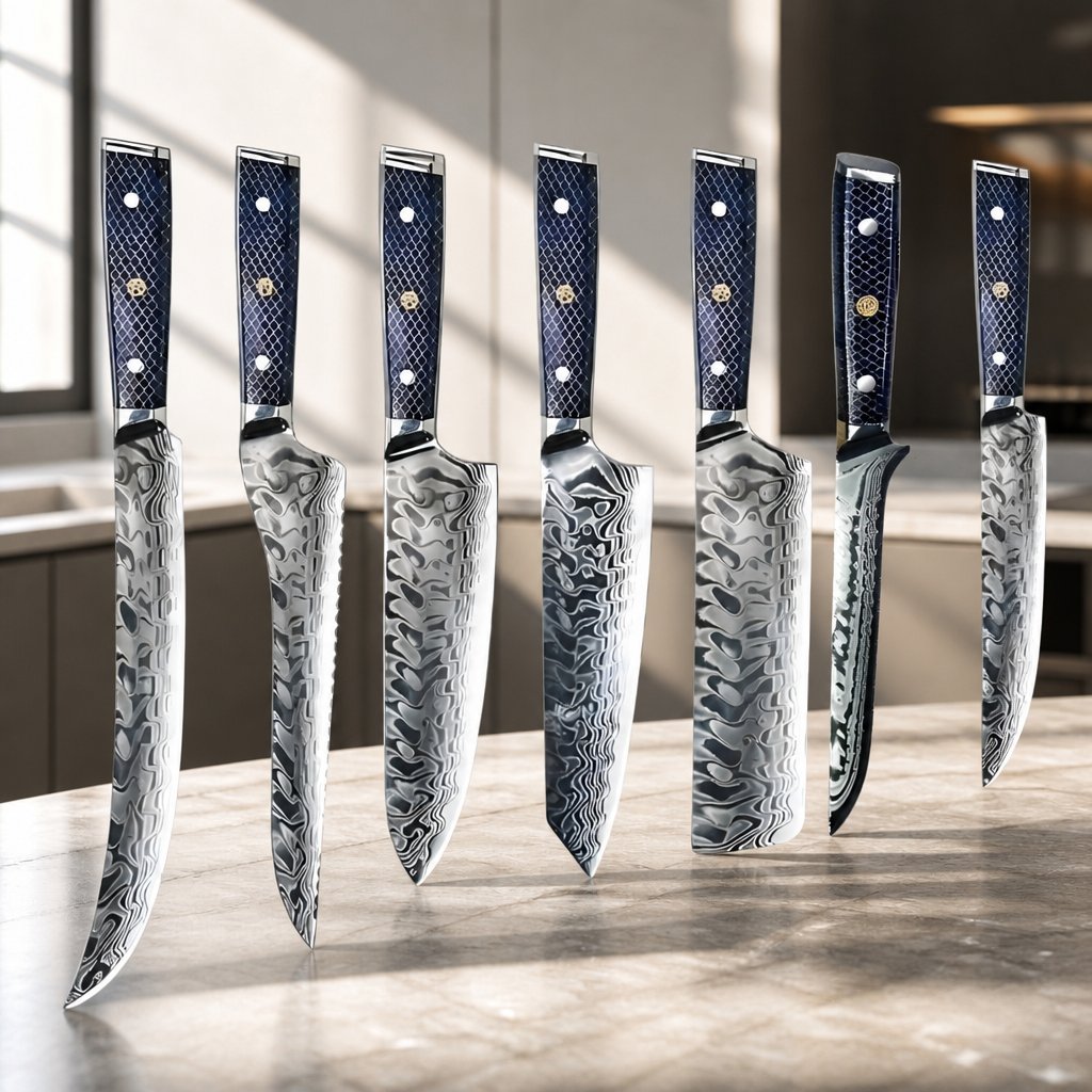 YU-37421 Damascus Kitchen Knife Set – Blue