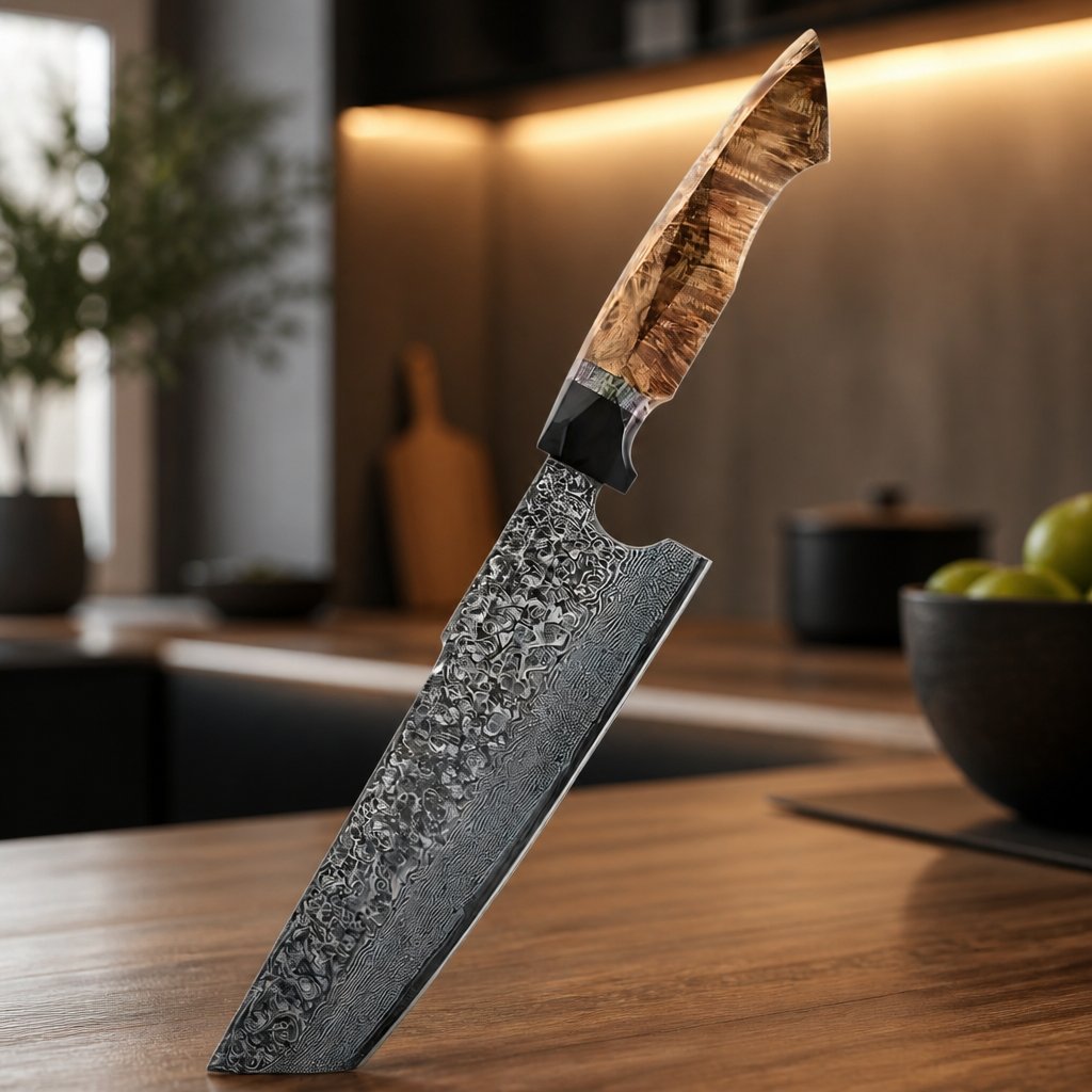 YU-37465 Damascus Kitchen Knife - Nakiri / Brown